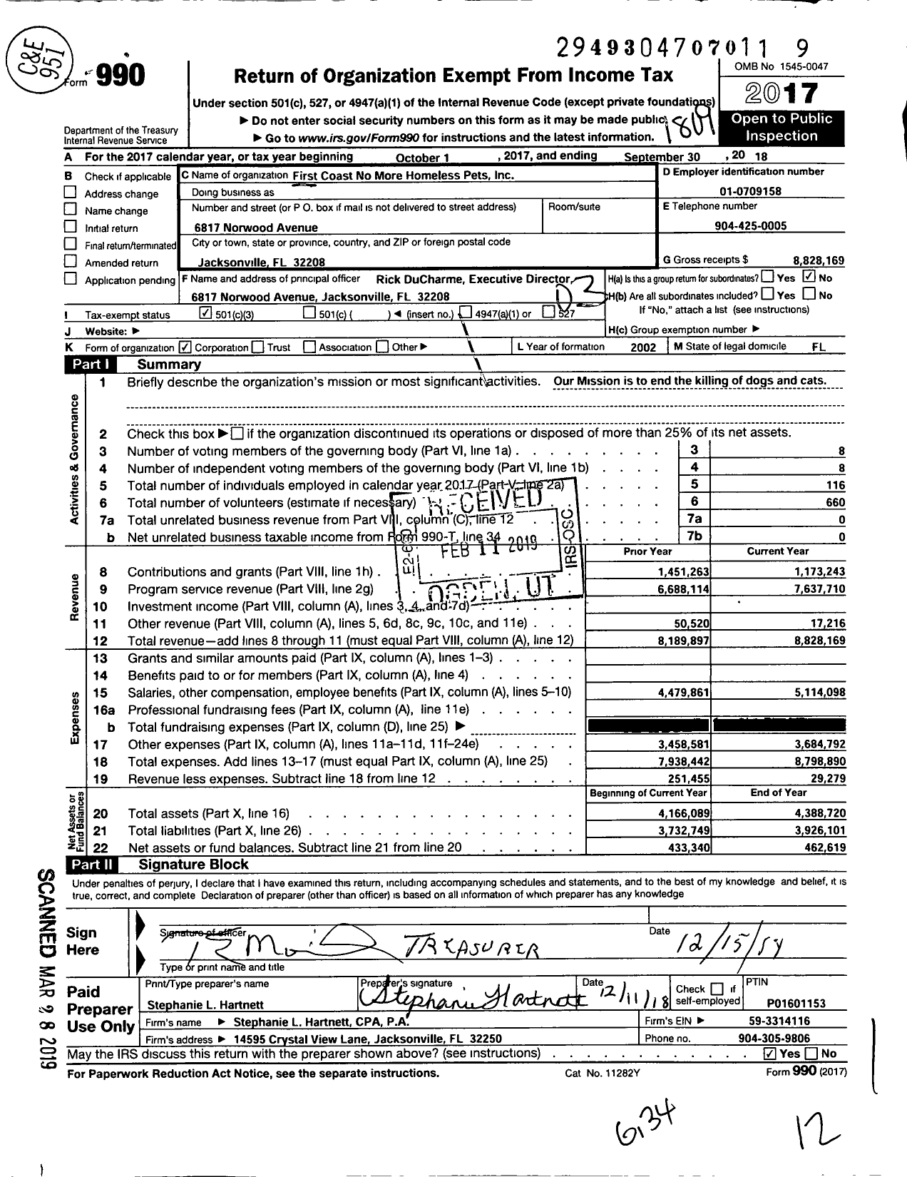 Image of first page of 2017 Form 990 for First Coast No More Homeless Pets (FCNMHP)