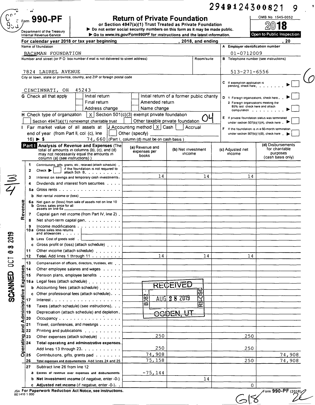 Image of first page of 2018 Form 990PF for Bachman Foundation