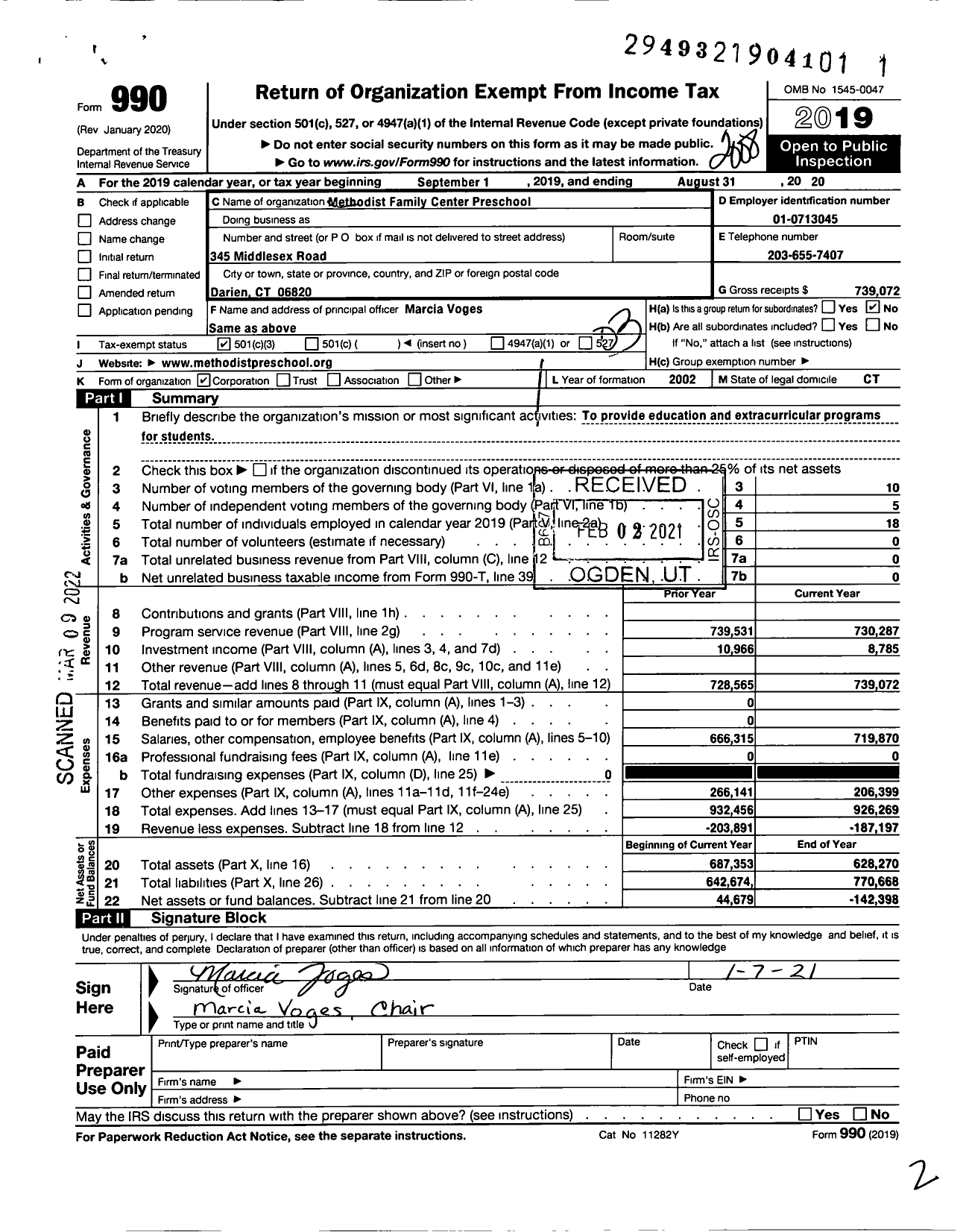 Image of first page of 2019 Form 990 for Methodist Family Center Preschool