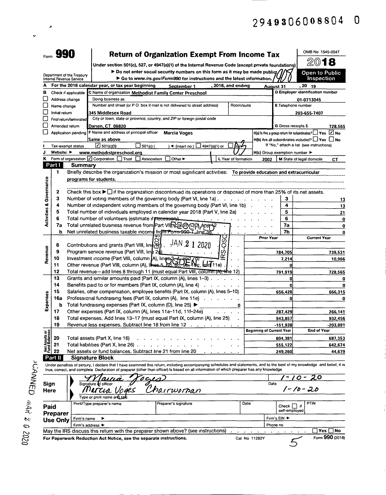 Image of first page of 2018 Form 990 for Methodist Family Center Preschool