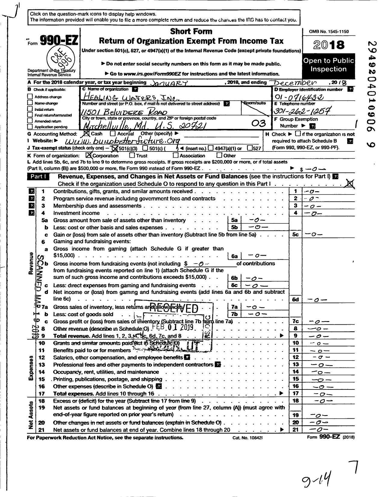 Image of first page of 2018 Form 990EZ for Healing Waters