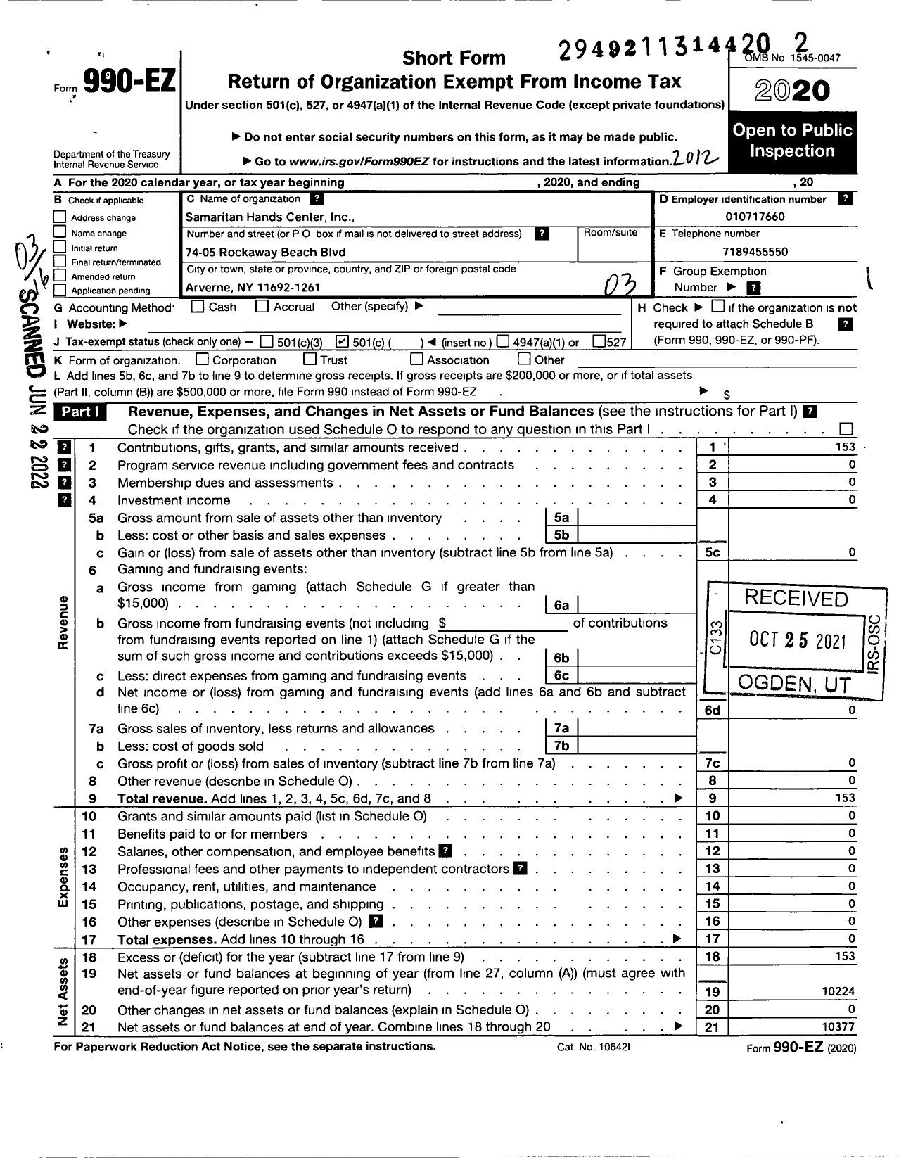 Image of first page of 2020 Form 990EZ for Samaritan Hands Center