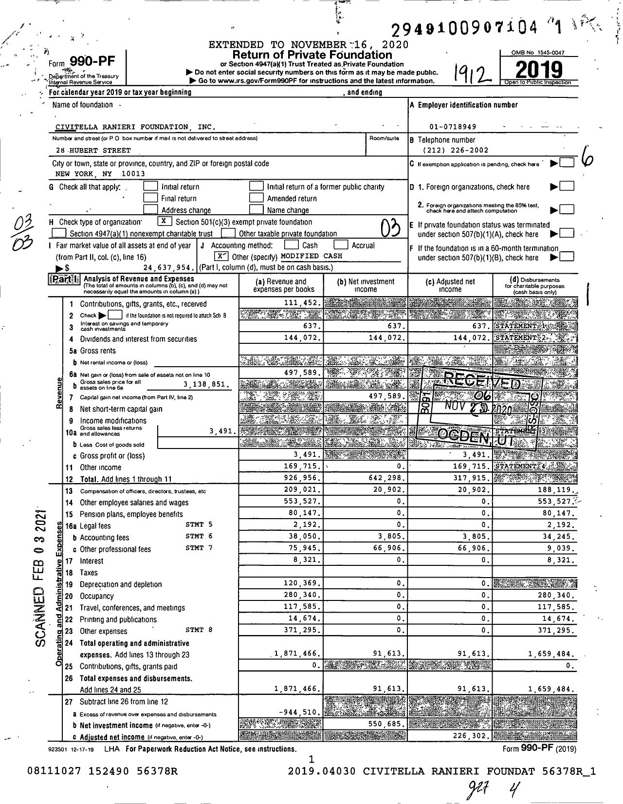 Image of first page of 2019 Form 990PF for Civitella Ranieri Foundation