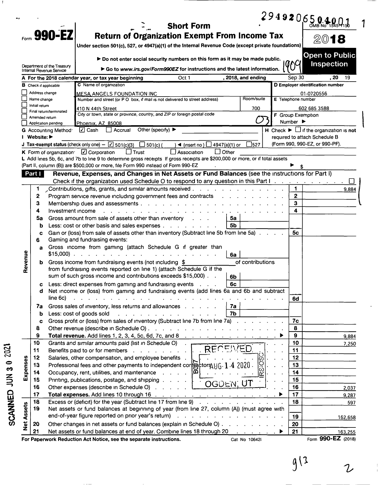 Image of first page of 2018 Form 990EZ for Mesa Angels Foundation