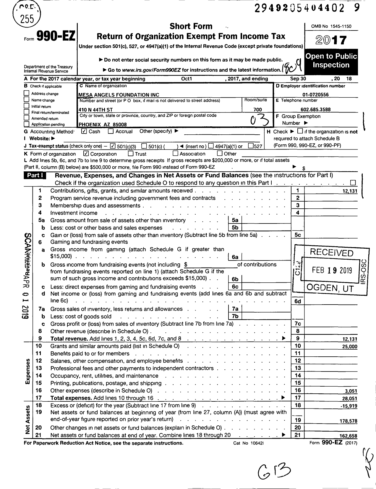 Image of first page of 2017 Form 990EZ for Mesa Angels Foundation