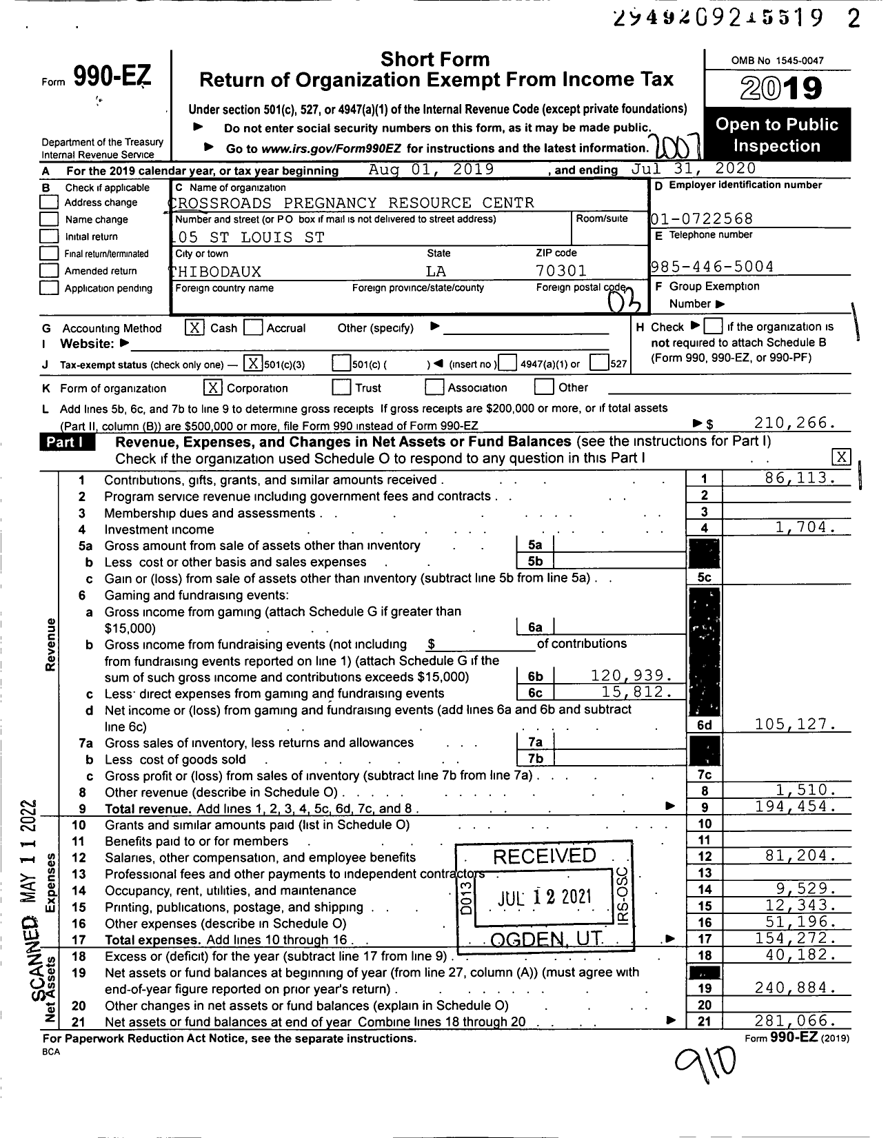 Image of first page of 2019 Form 990EZ for Crossroads Pregnancy Resource Center