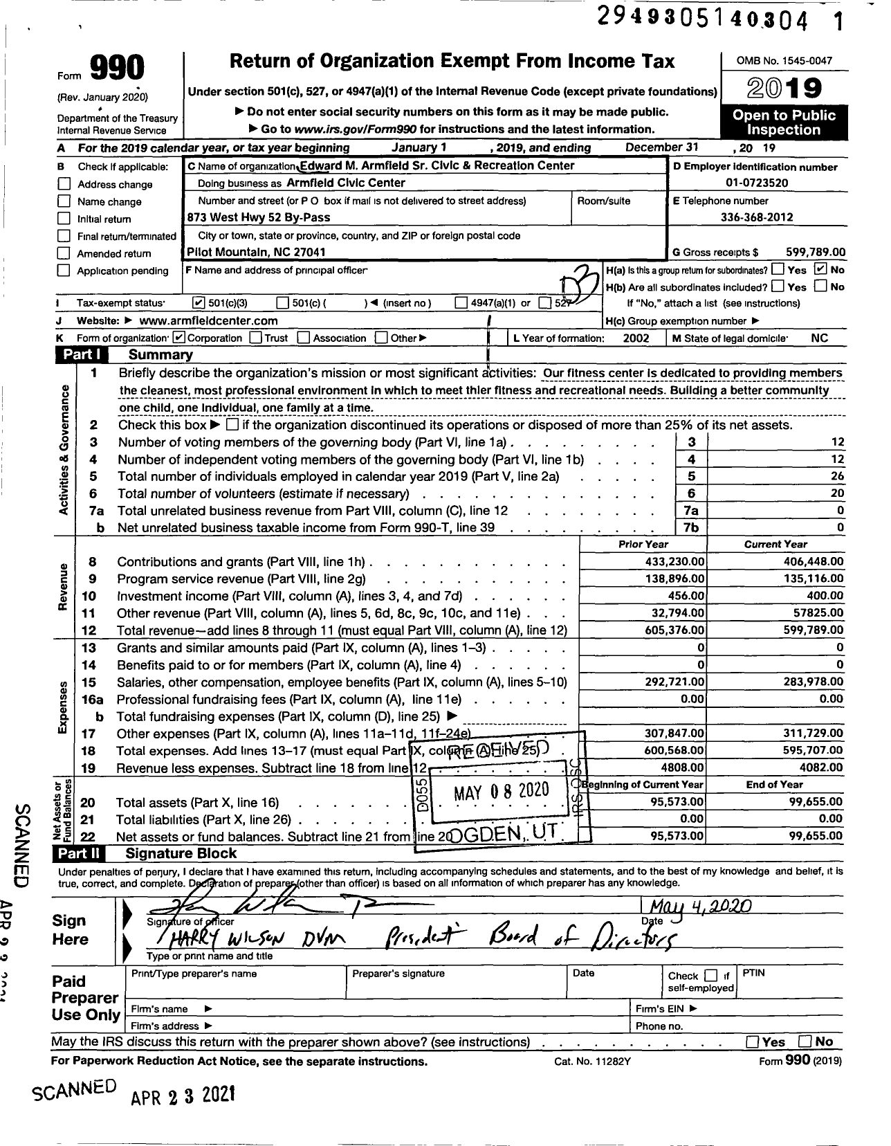 Image of first page of 2019 Form 990 for Armfield Civic Center