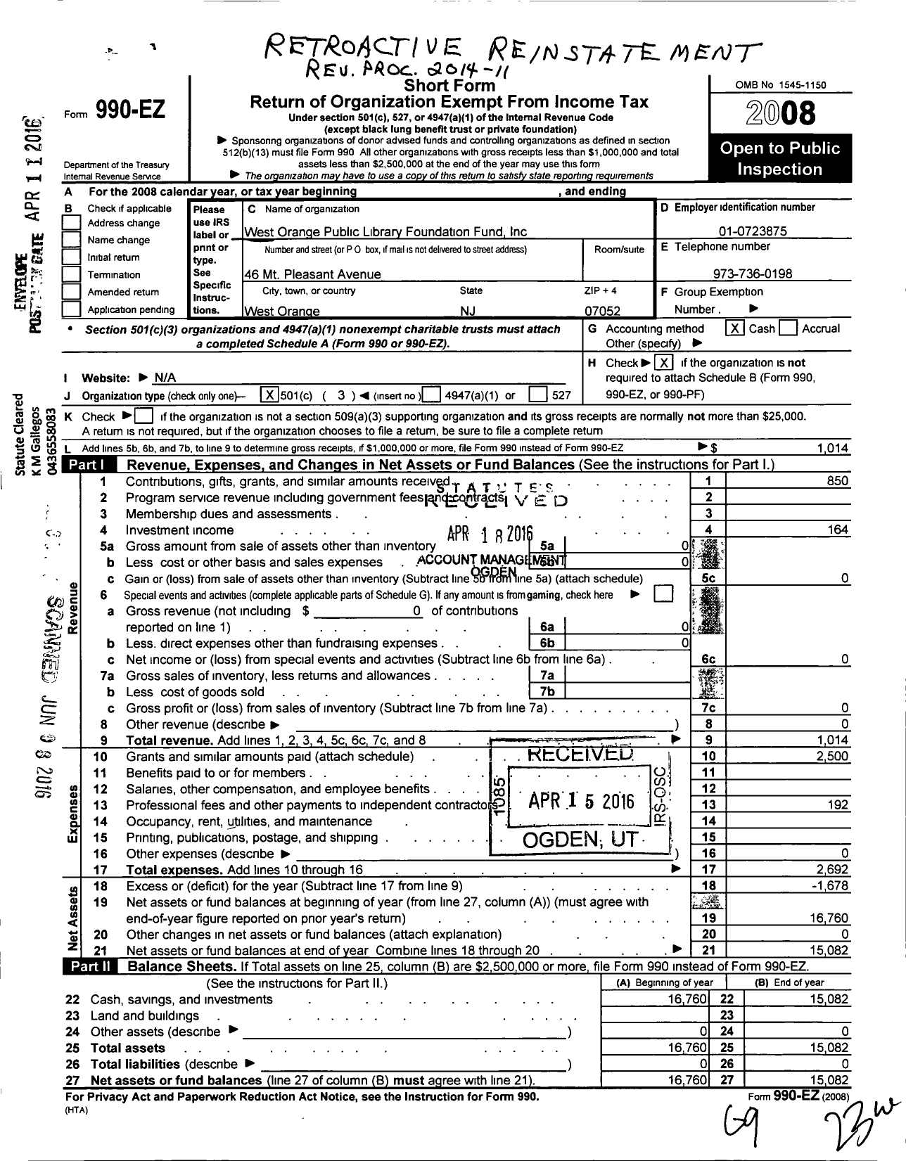 Image of first page of 2008 Form 990EZ for West Orange Public Library Foundation Fund