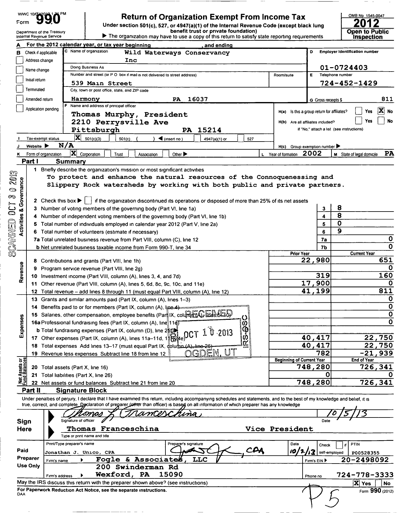 Image of first page of 2012 Form 990 for Wild Waterways Conservancy