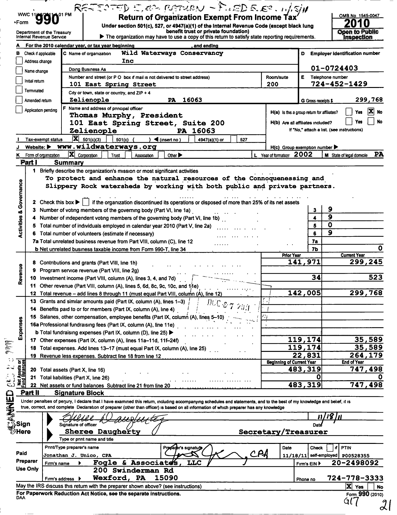 Image of first page of 2010 Form 990 for Wild Waterways Conservancy