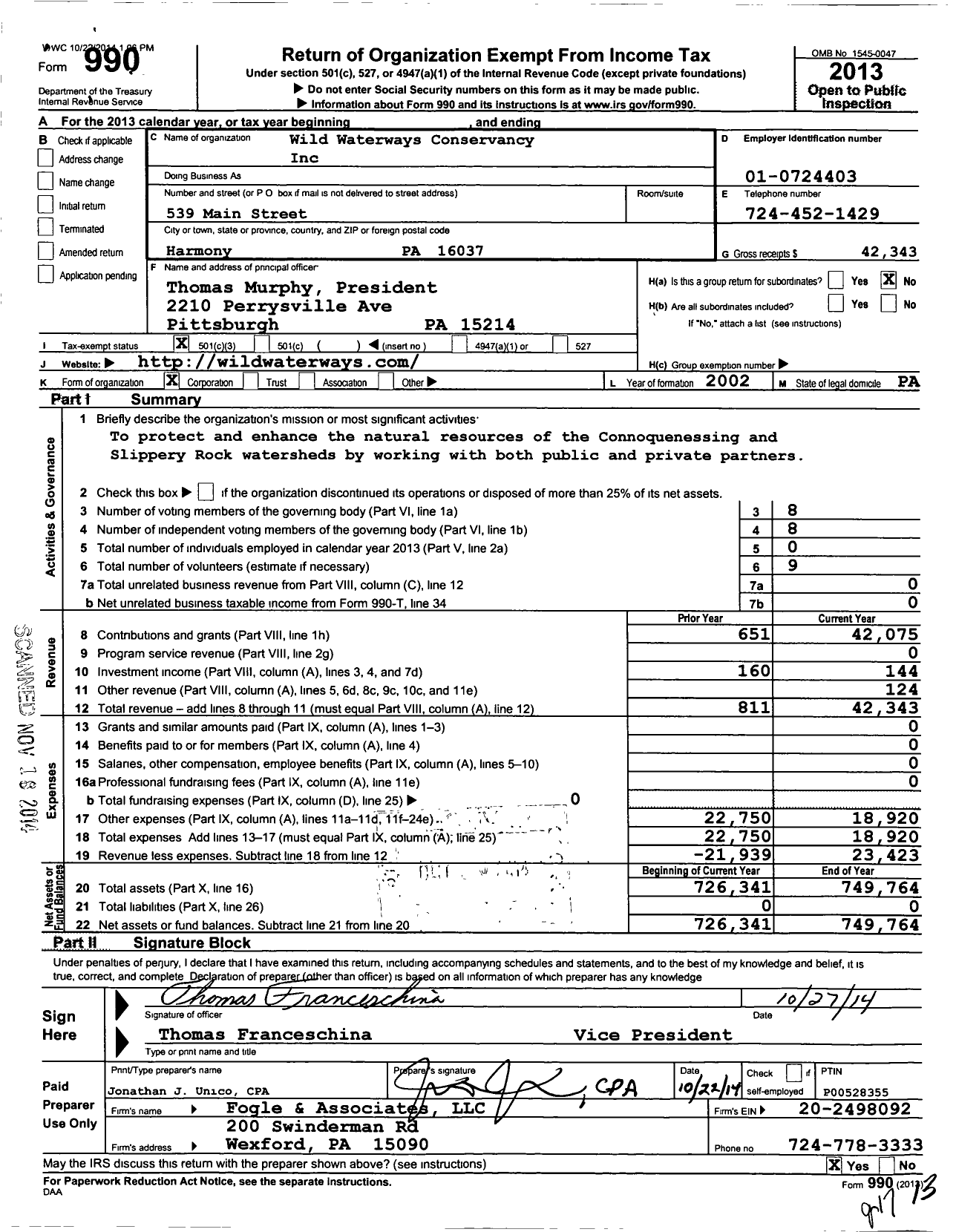 Image of first page of 2013 Form 990 for Wild Waterways Conservancy