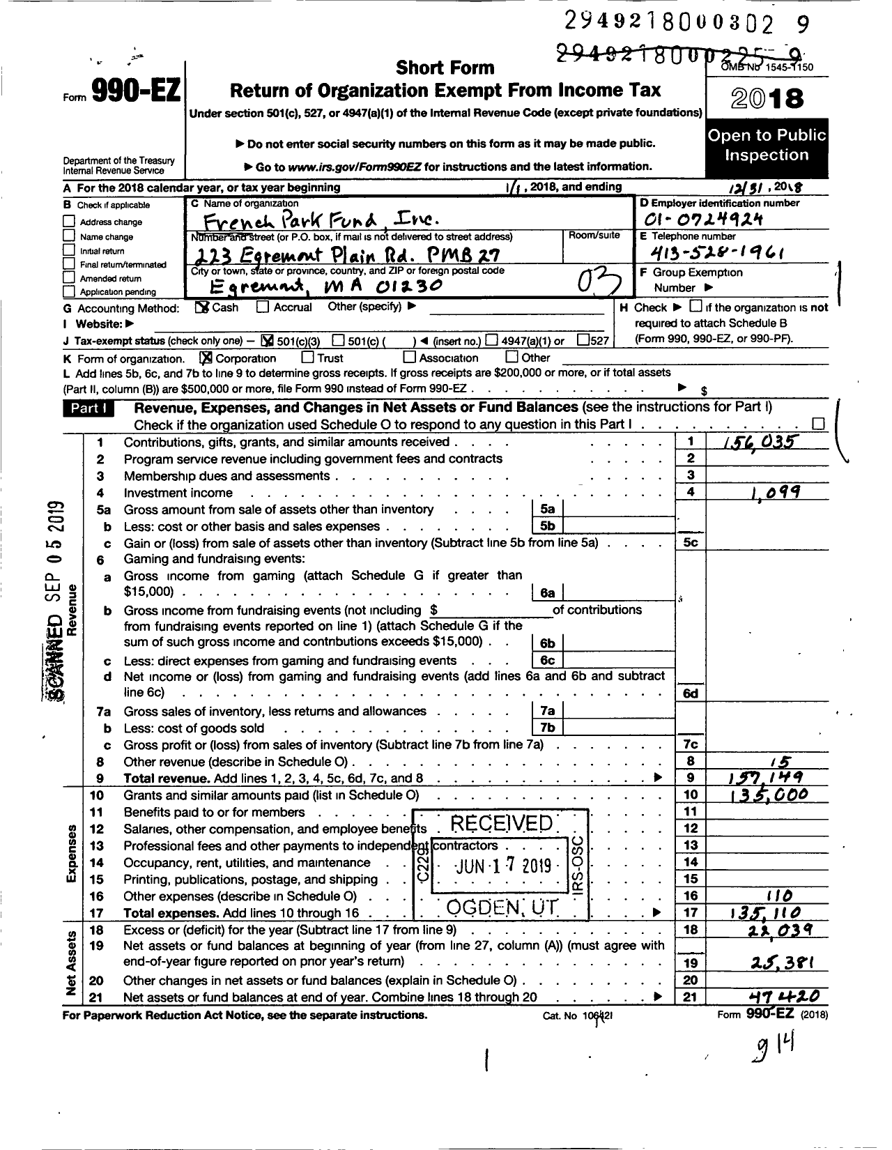 Image of first page of 2018 Form 990EZ for French Park Fund