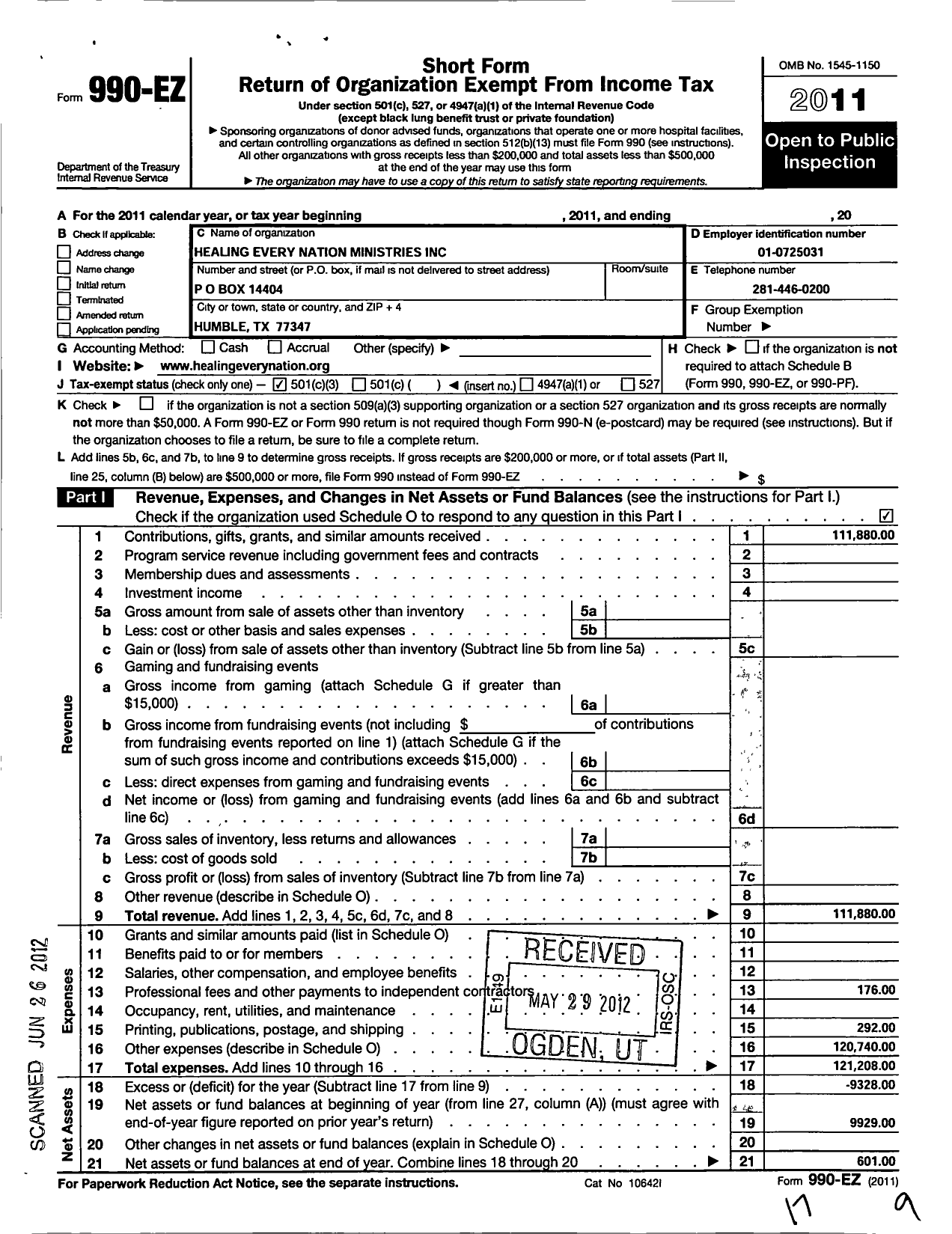 Image of first page of 2011 Form 990EZ for Healing Every Nation Ministries Incorporated