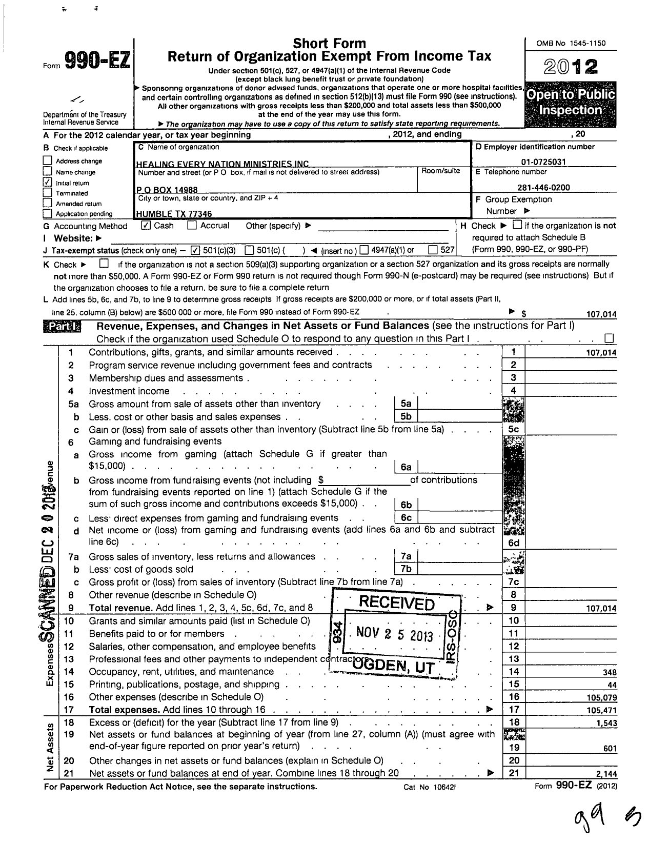 Image of first page of 2012 Form 990EZ for Healing Every Nation Ministries Incorporated