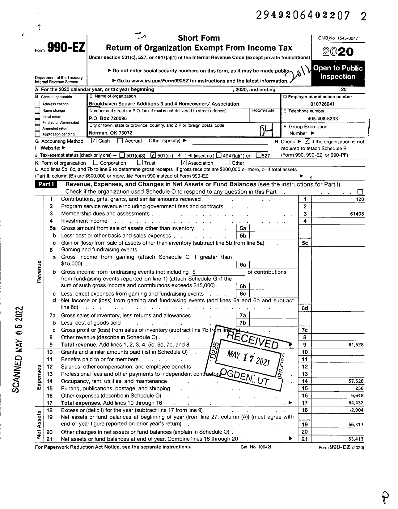 Image of first page of 2020 Form 990EO for Brookhaven Square 3rd and 4th Additions Homeowners Association