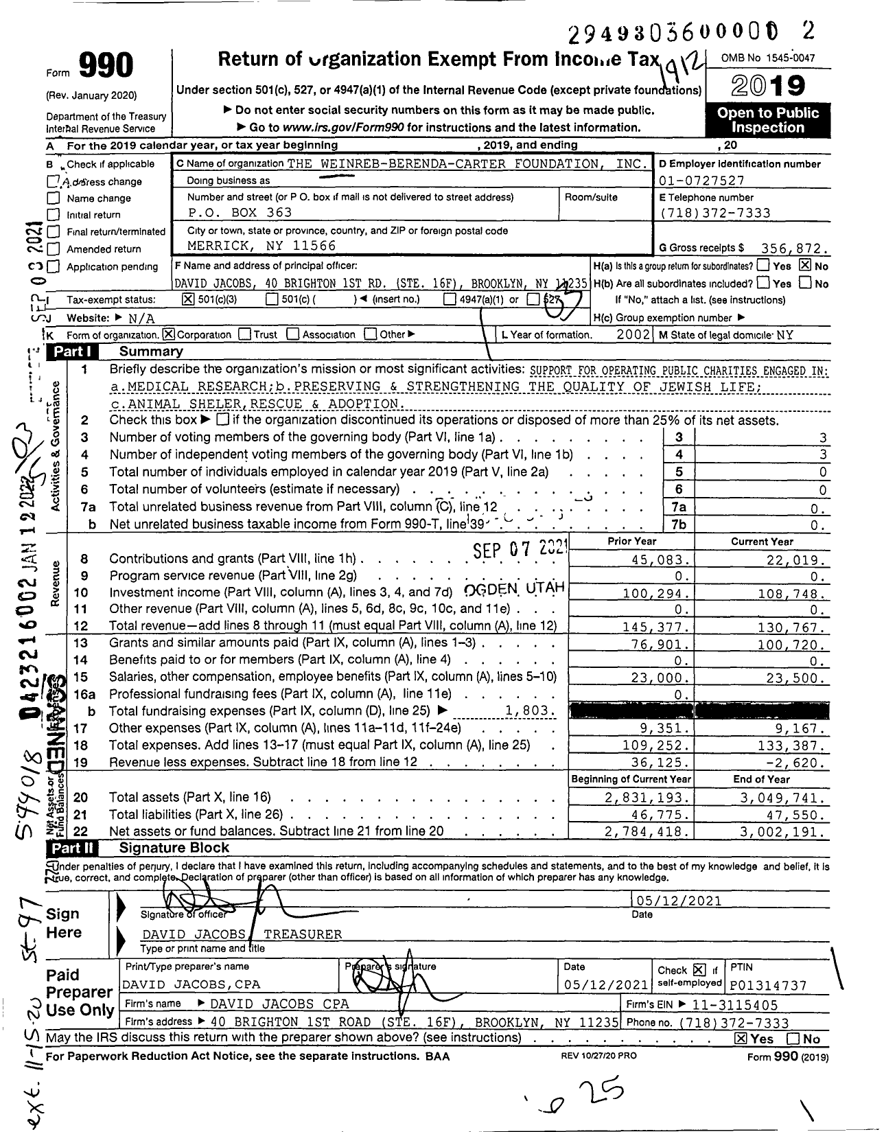 Image of first page of 2019 Form 990 for The Weinreb-Berenda-Carter Foundation