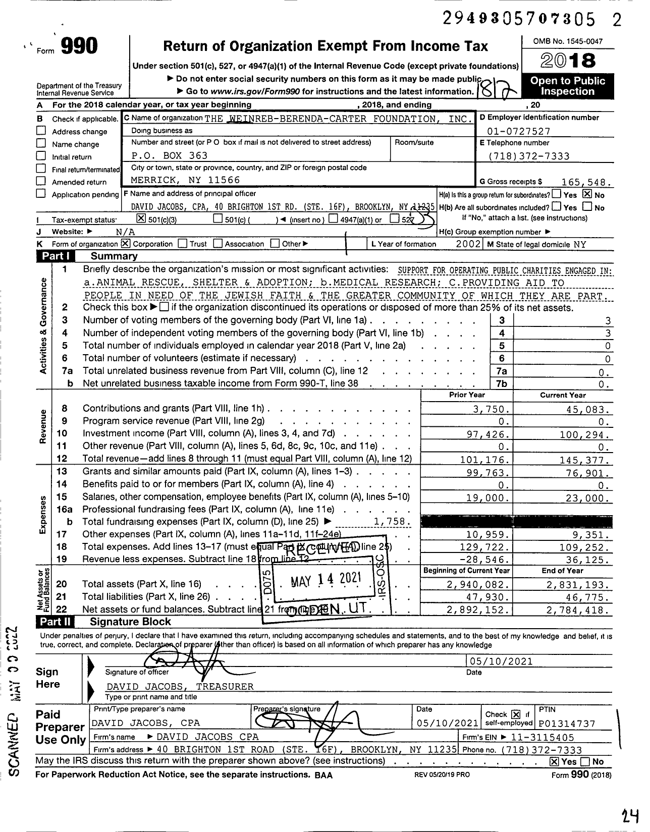 Image of first page of 2018 Form 990 for The Weinreb-Berenda-Carter Foundation