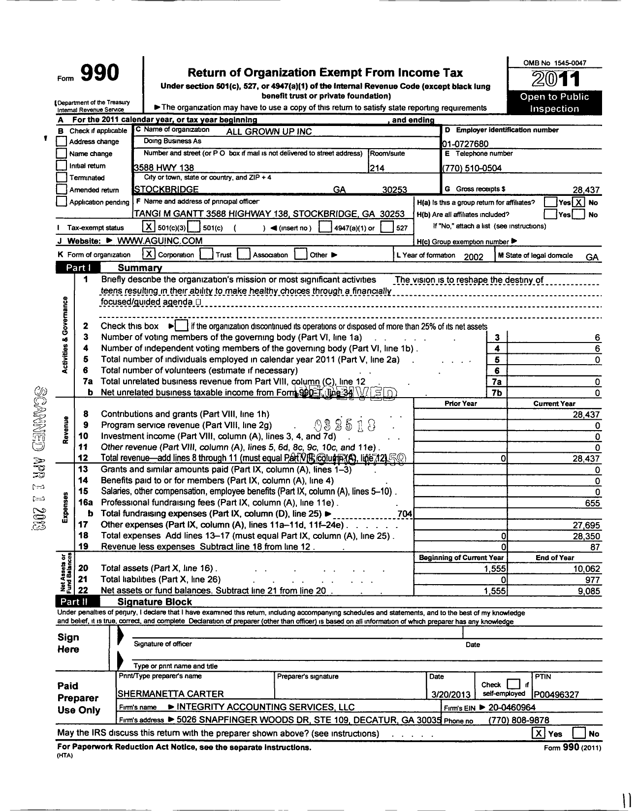 Image of first page of 2011 Form 990 for All Grown Up