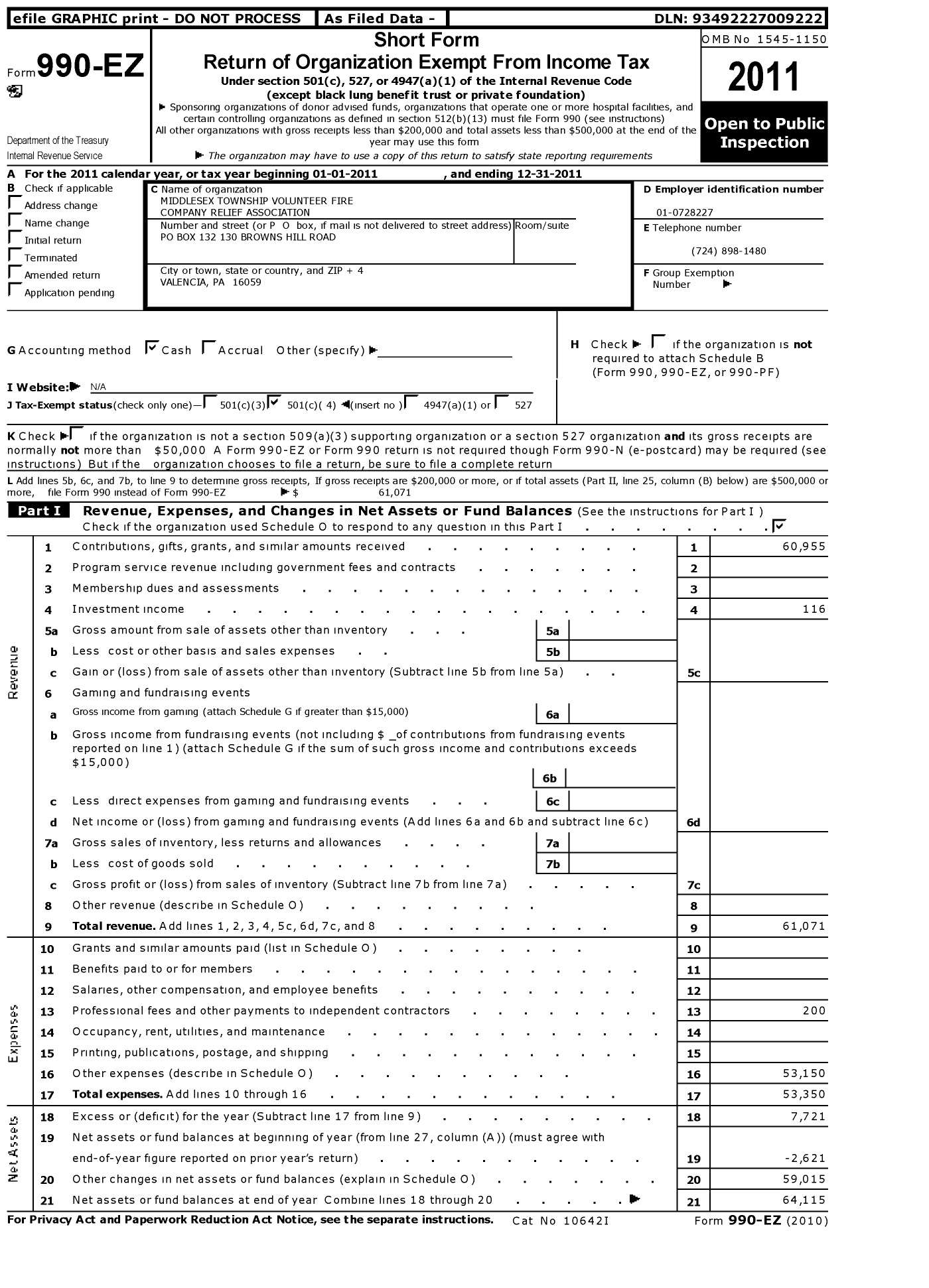 Image of first page of 2011 Form 990EO for Middlesex Township Volunteer Fire Company Relief Association