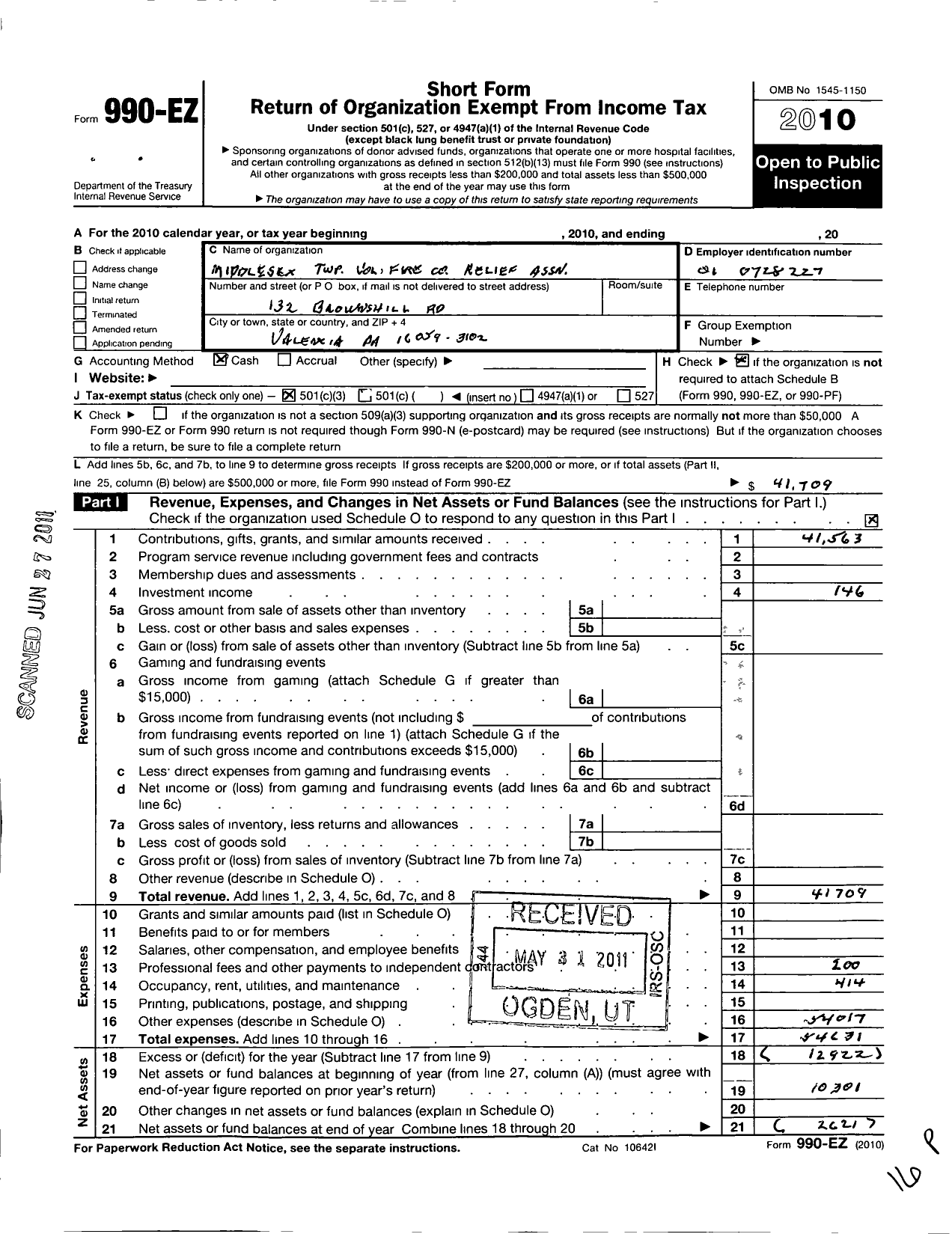 Image of first page of 2010 Form 990EZ for Middlesex Township Volunteer Fire Company Relief Association