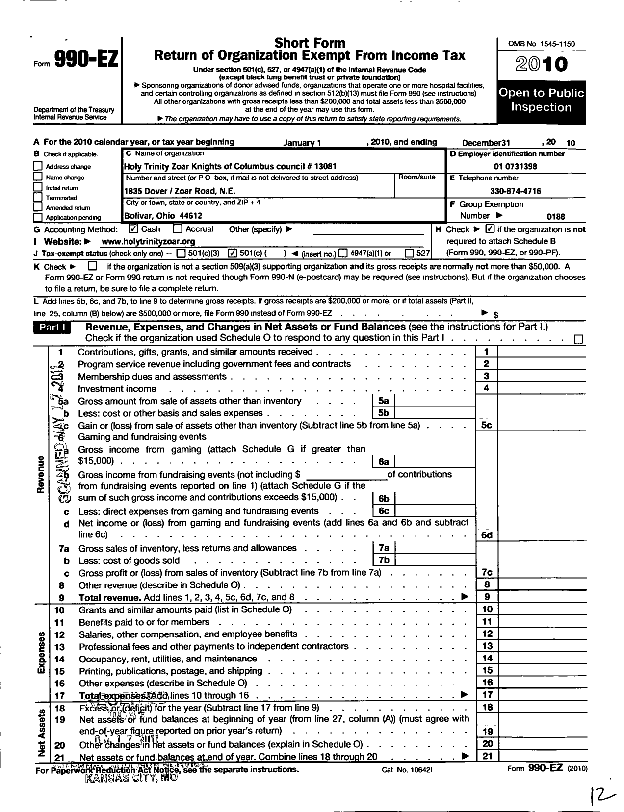 Image of first page of 2010 Form 990EO for Knights of Columbus - 13081 Holy Trinity Zoar Council