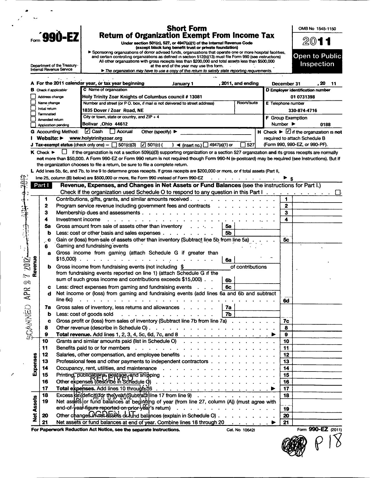 Image of first page of 2011 Form 990EO for Knights of Columbus - 13081 Holy Trinity Zoar Council