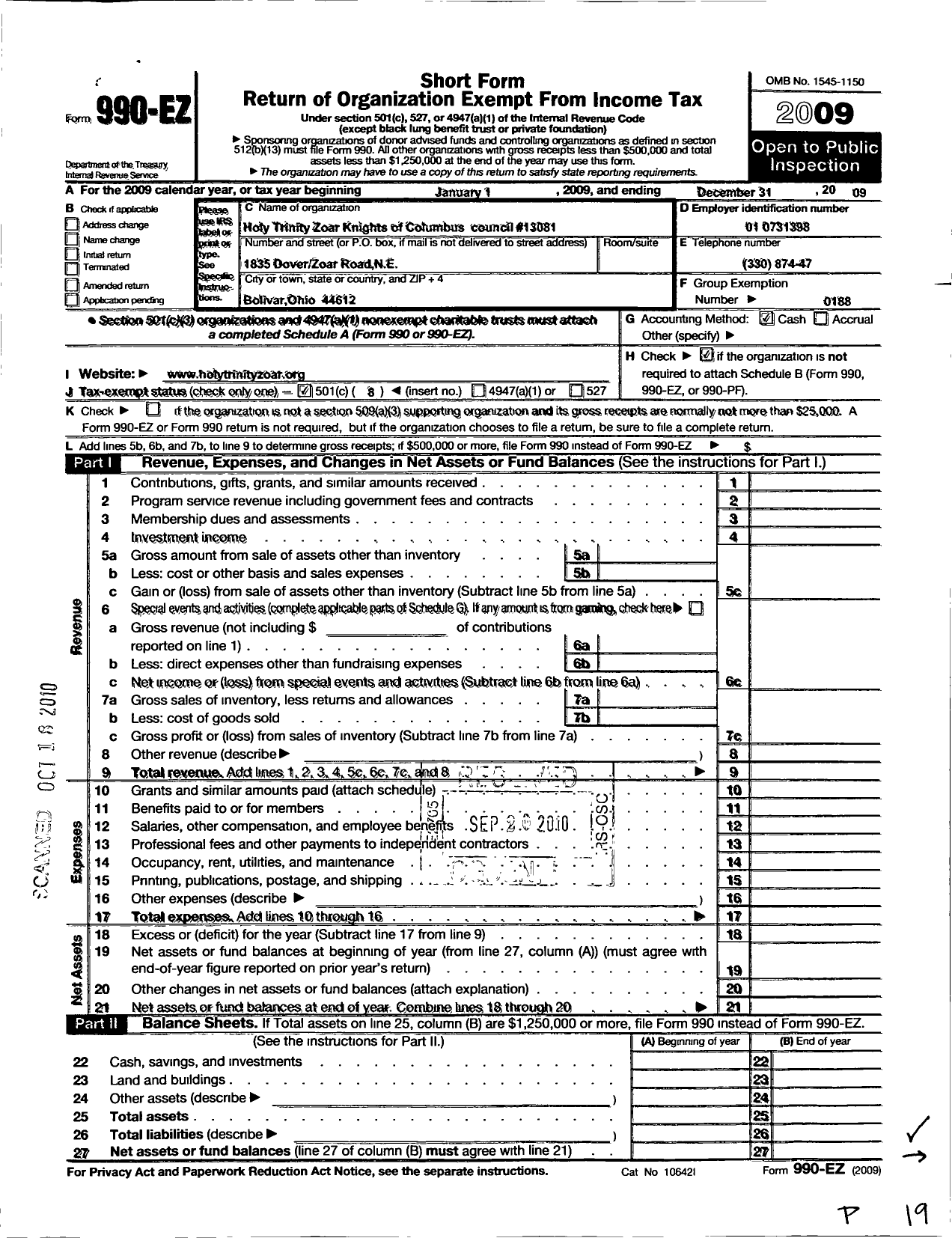 Image of first page of 2009 Form 990EO for Knights of Columbus - 13081 Holy Trinity Zoar Council