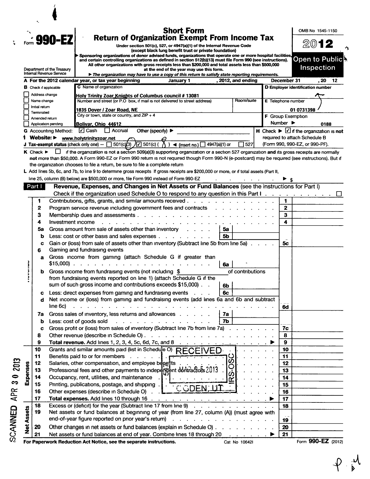 Image of first page of 2012 Form 990EO for Knights of Columbus - 13081 Holy Trinity Zoar Council