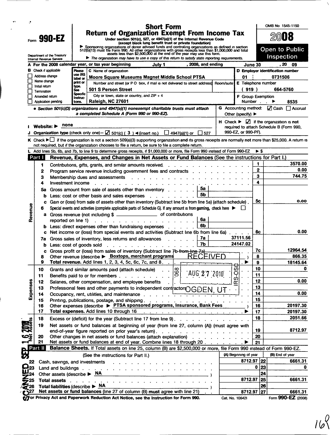 Image of first page of 2008 Form 990EZ for Moore Square Museums Magnet Middle School Ptsa