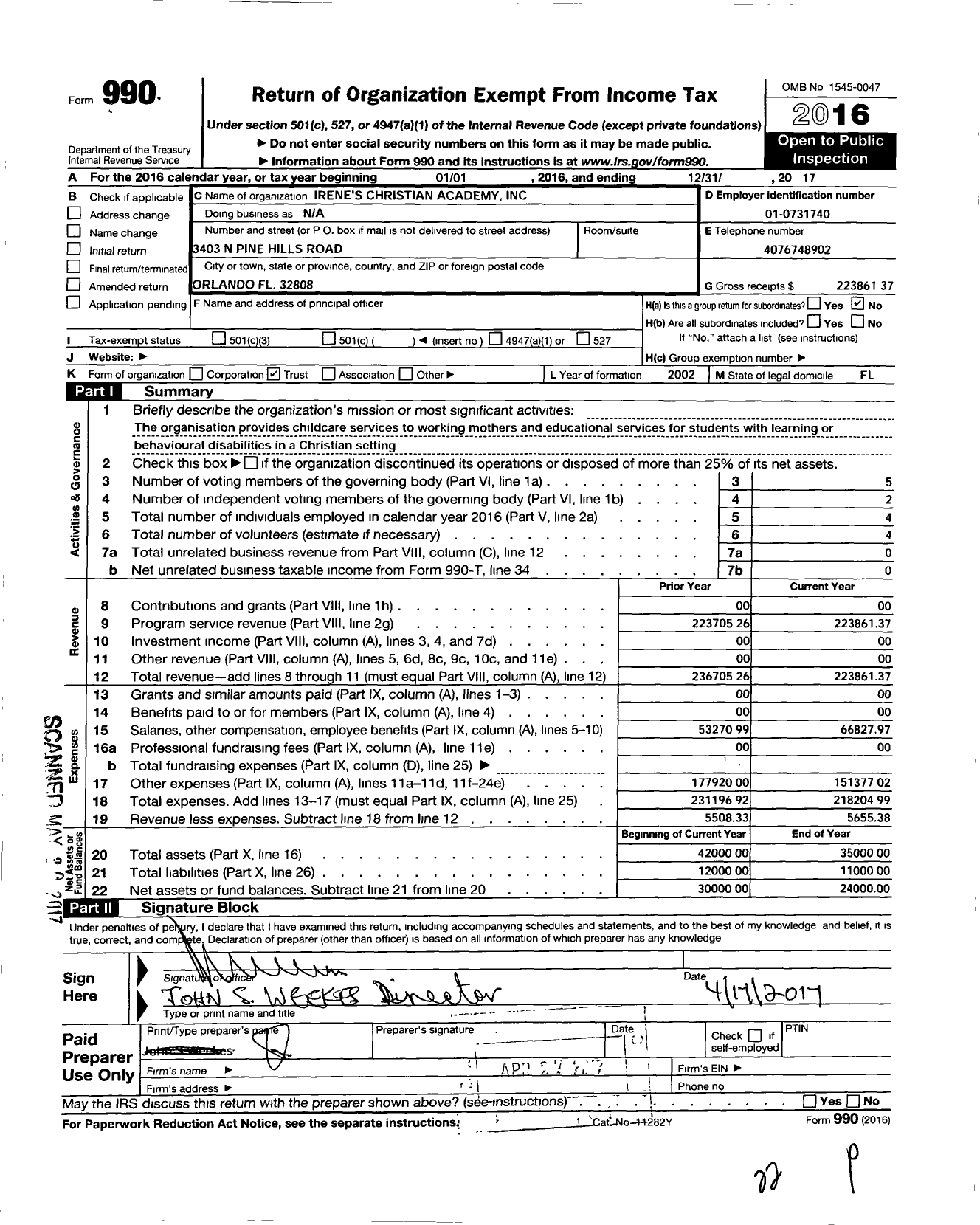 Image of first page of 2017 Form 990O for Irene's Christian Academy