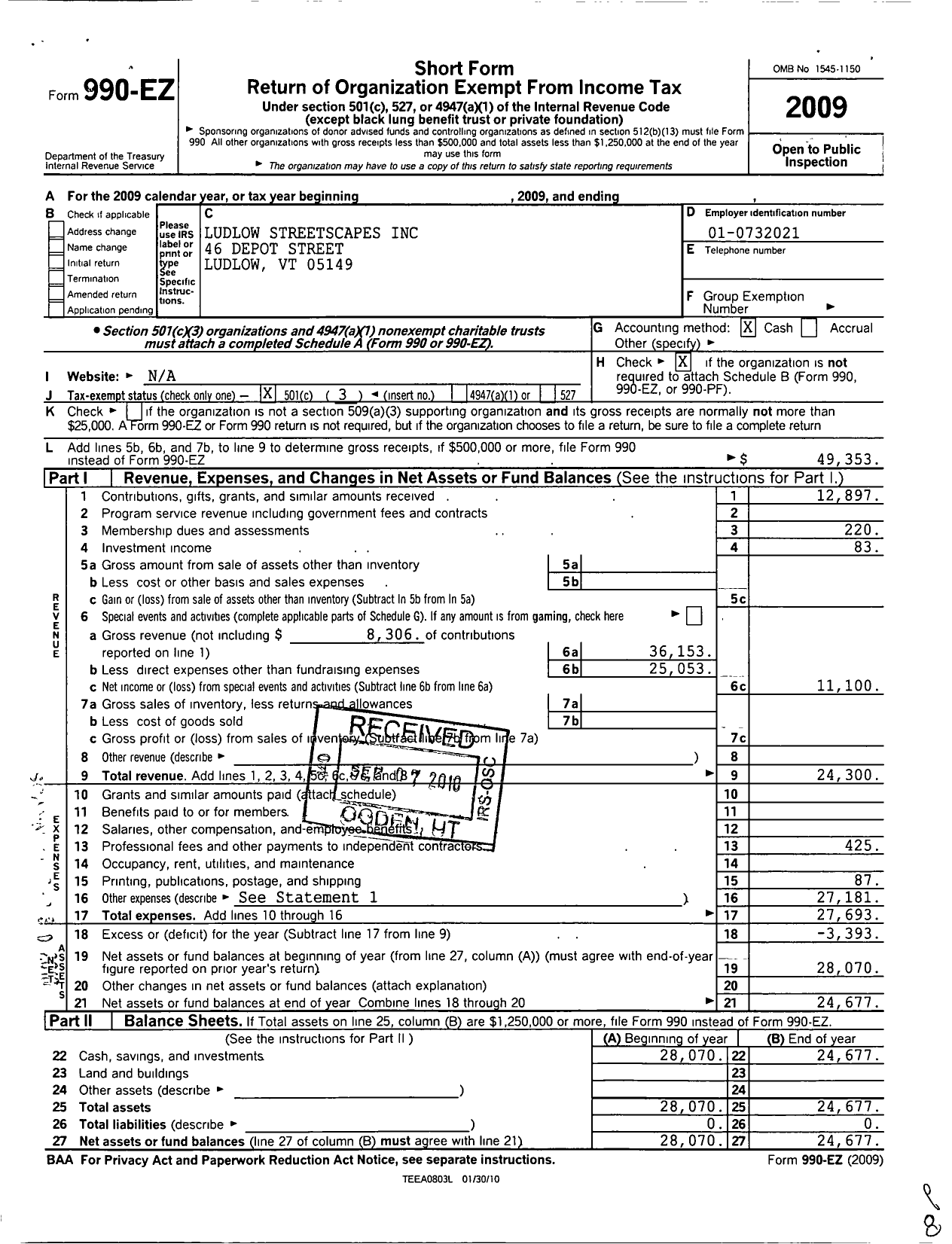 Image of first page of 2009 Form 990EZ for Ludlow Streetscapes