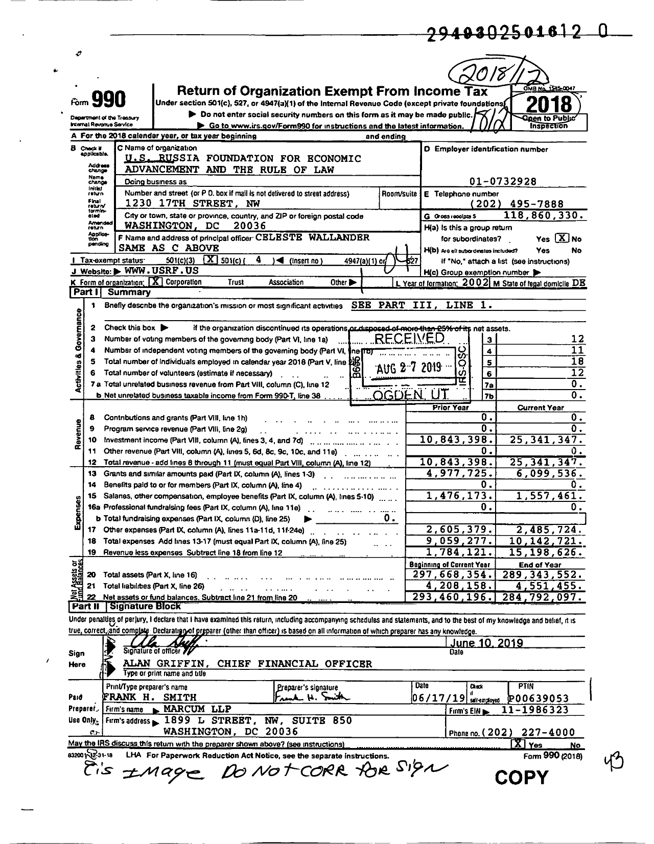 Image of first page of 2018 Form 990O for U S Russia Foundation for Ecnomic Advancement and the Rule of Law (USRF)