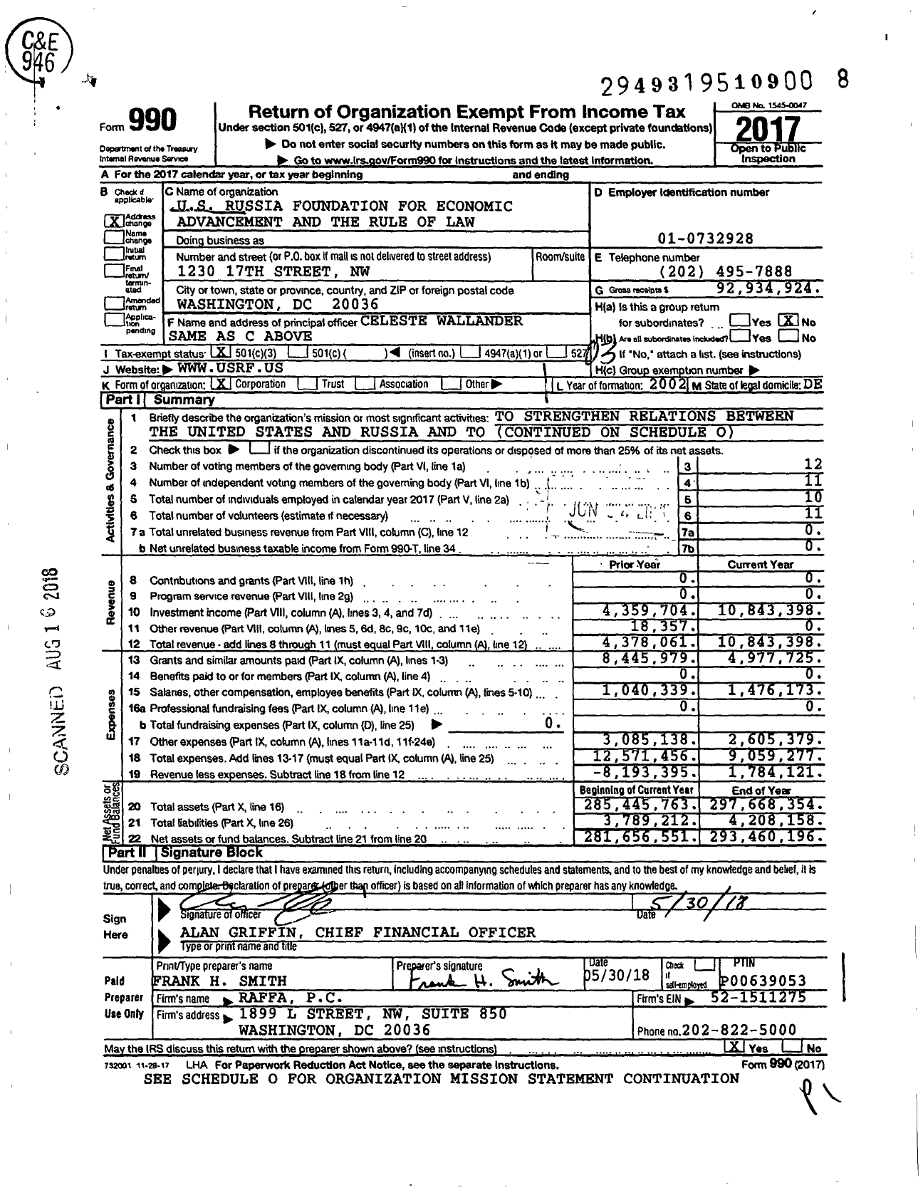 Image of first page of 2017 Form 990 for U S Russia Foundation for Ecnomic Advancement and the Rule of Law (USRF)