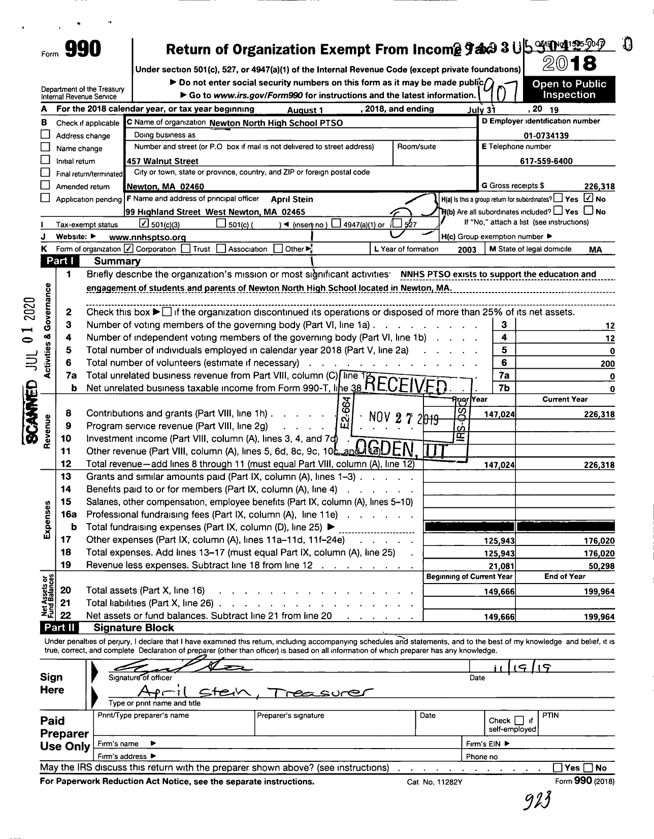 Image of first page of 2018 Form 990 for Newton North High School Parent Teacher Student Organization