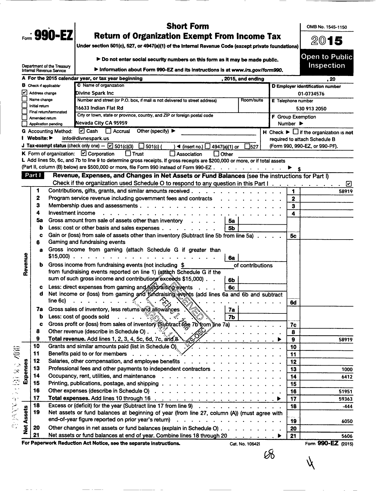 Image of first page of 2015 Form 990EZ for Divine Spark