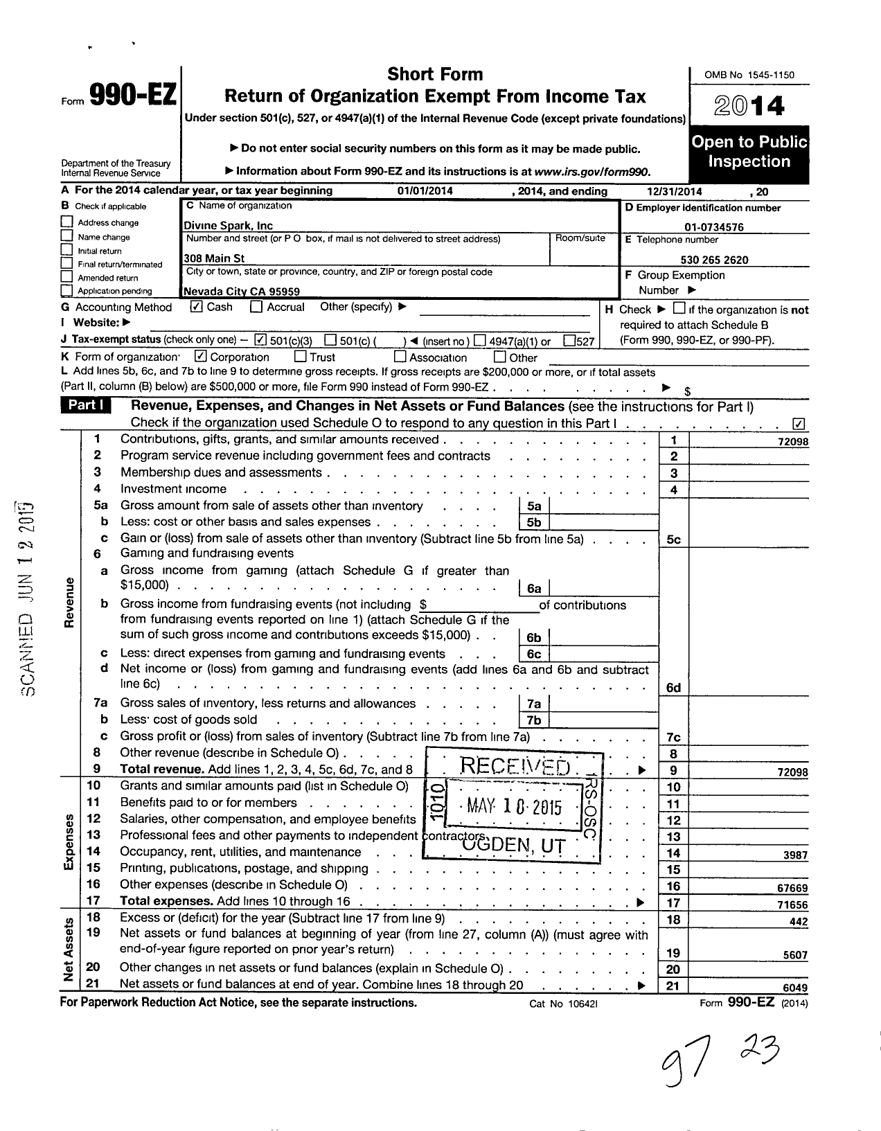 Image of first page of 2014 Form 990EZ for Divine Spark