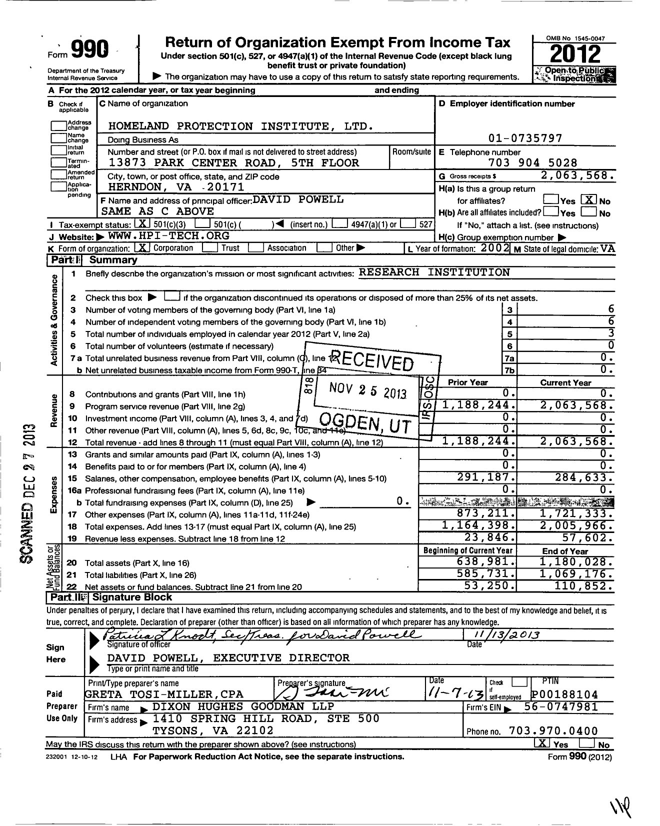 Image of first page of 2012 Form 990 for Homeland Protection Institute