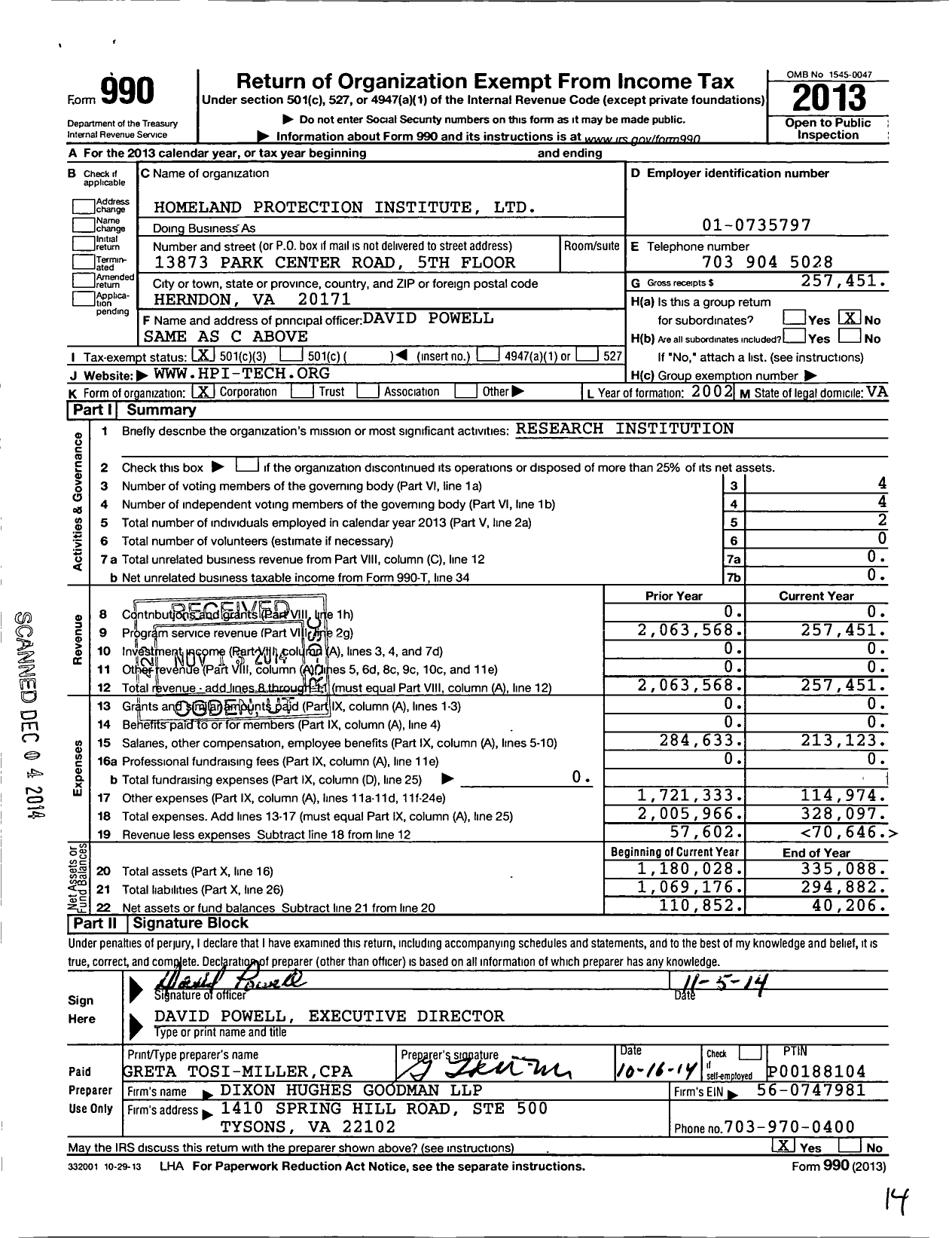 Image of first page of 2013 Form 990 for Homeland Protection Institute