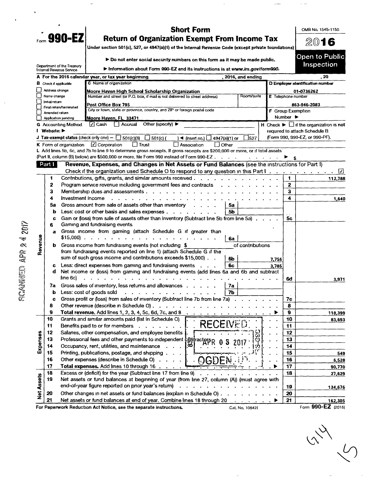 Image of first page of 2016 Form 990EO for Moore Haven High School Scholarship Organization