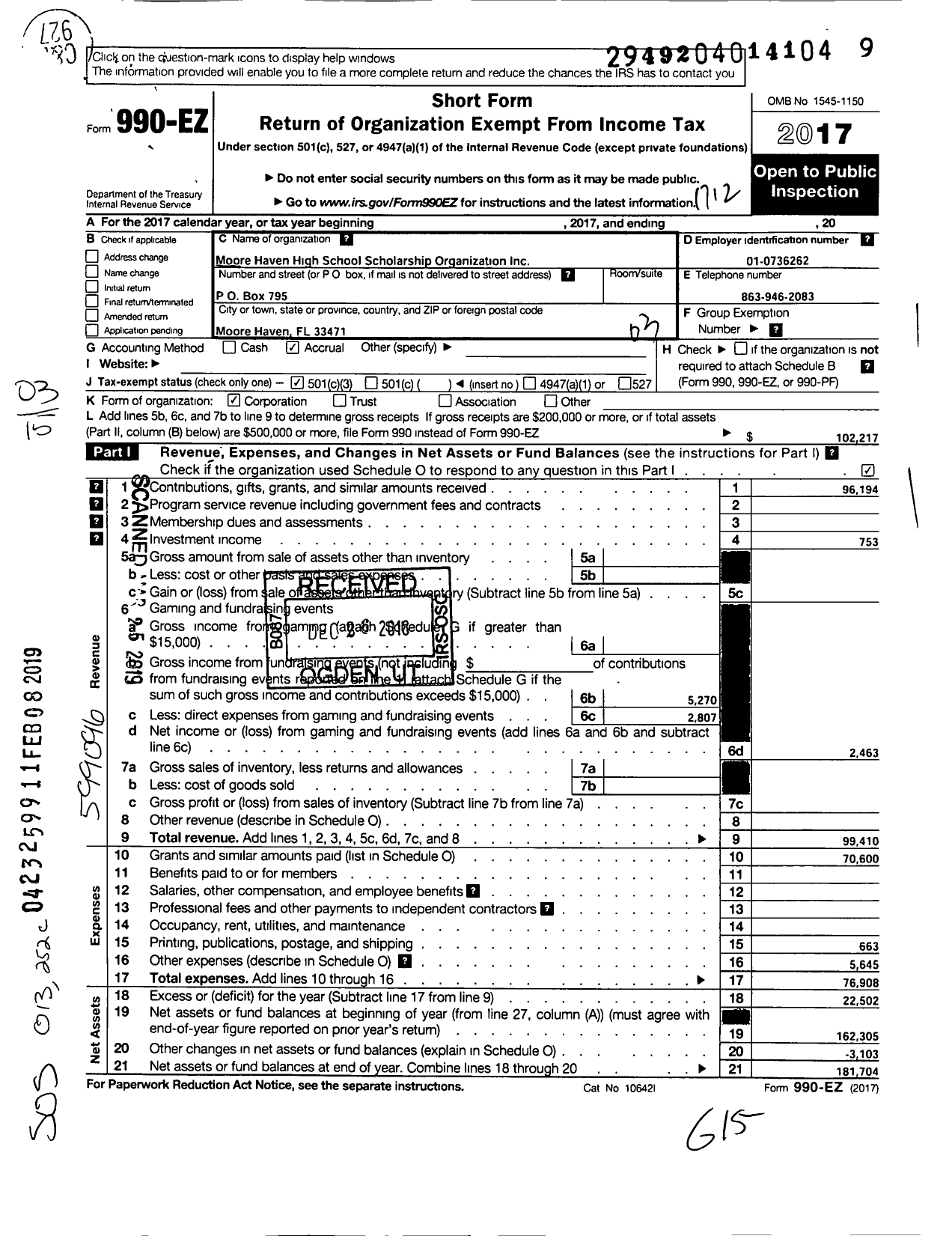 Image of first page of 2017 Form 990EZ for Moore Haven High School Scholarship Organization