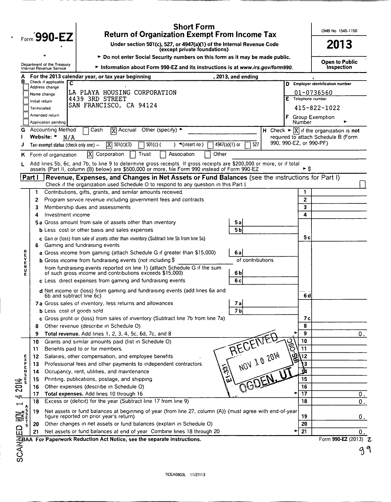 Image of first page of 2013 Form 990EZ for La Playa Housing Corporation