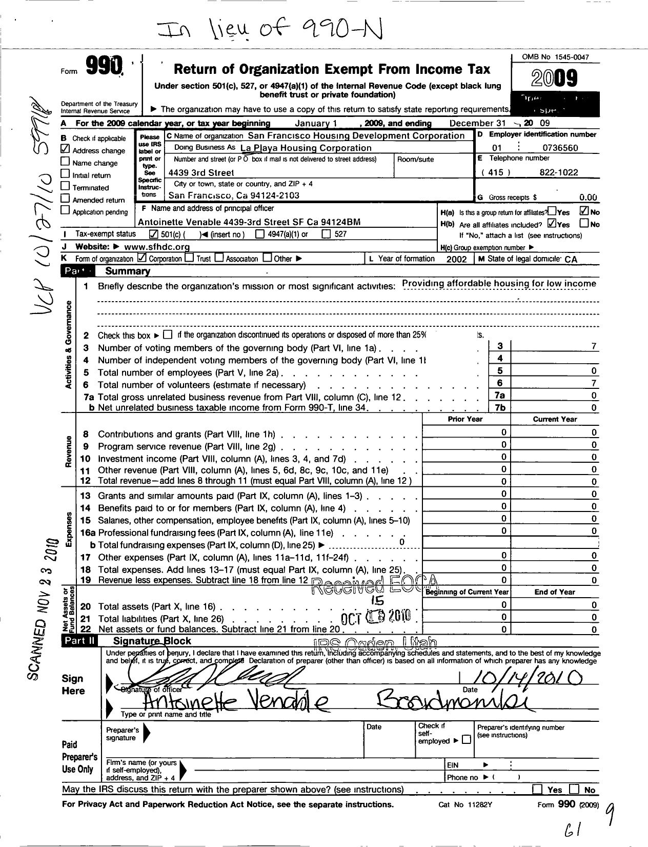 Image of first page of 2009 Form 990O for La Playa Housing Corporation