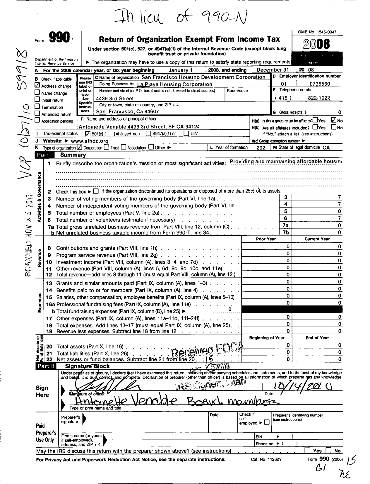 Image of first page of 2008 Form 990O for La Playa Housing Corporation