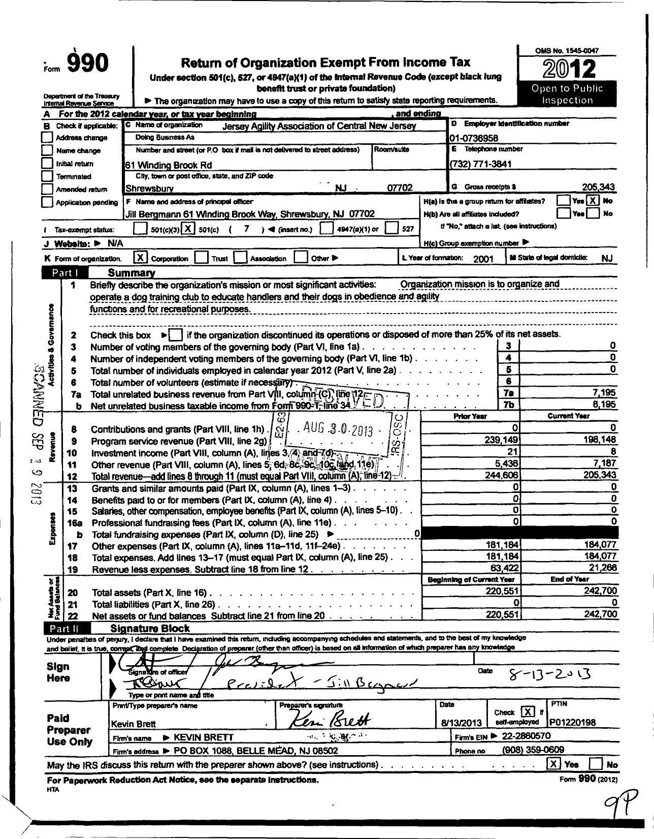 Image of first page of 2012 Form 990O for Jersey Agility Association of Central New Jersey