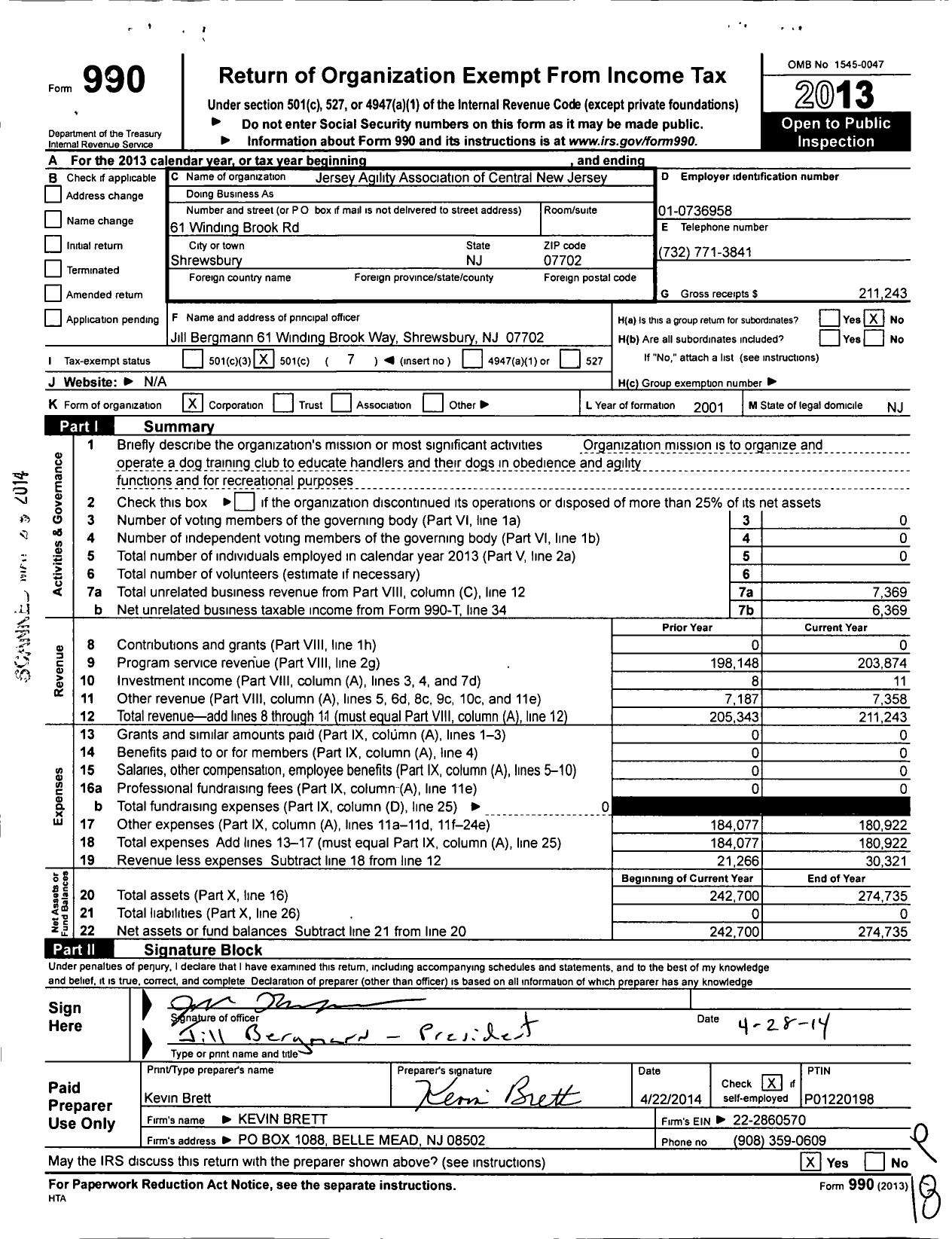 Image of first page of 2013 Form 990O for Jersey Agility Association of Central New Jersey