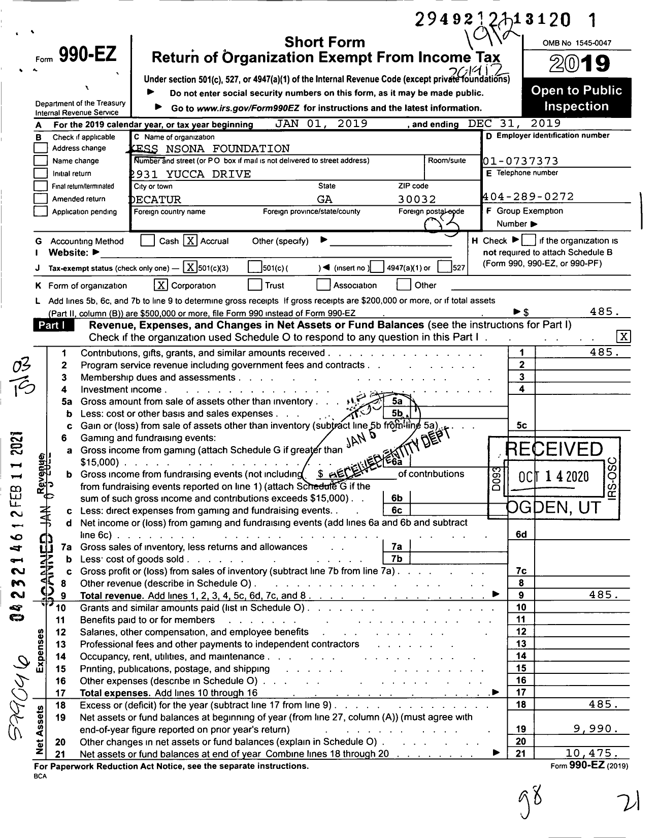 Image of first page of 2019 Form 990EZ for Kess Nsona Foundation