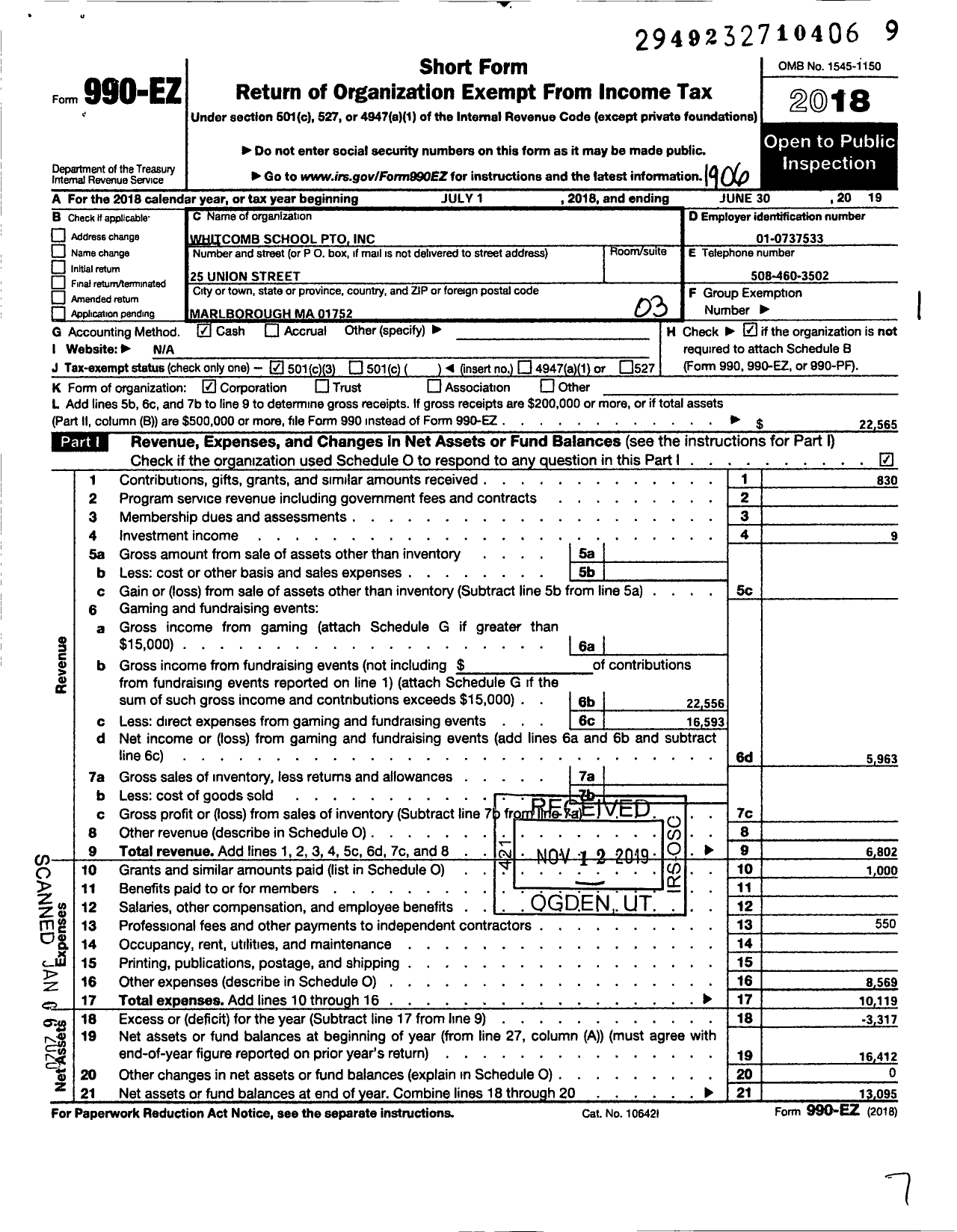 Image of first page of 2018 Form 990EZ for Whitcomb School Pto