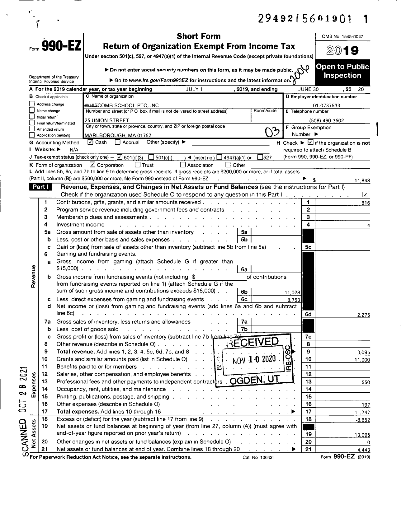 Image of first page of 2019 Form 990EZ for Whitcomb School Pto