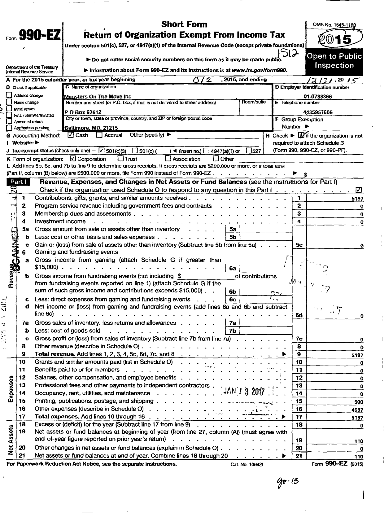 Image of first page of 2015 Form 990EZ for Ministers On The Move