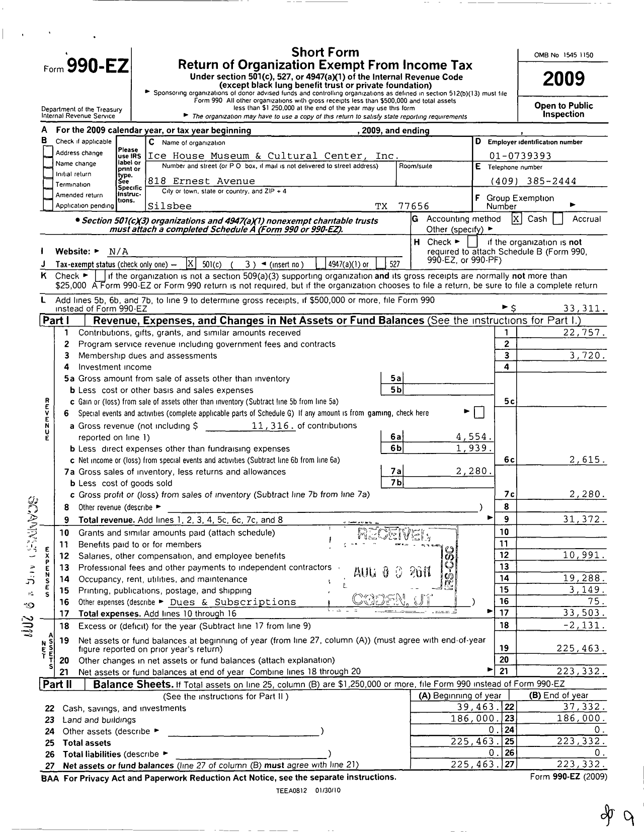 Image of first page of 2009 Form 990EZ for Ice House Museum and Cultural Center